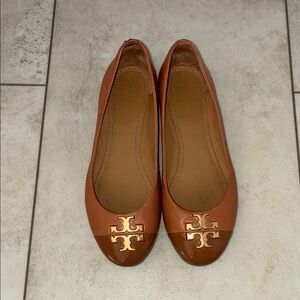 Tory Burch Brown Logo Flats with Patent Leather Toe